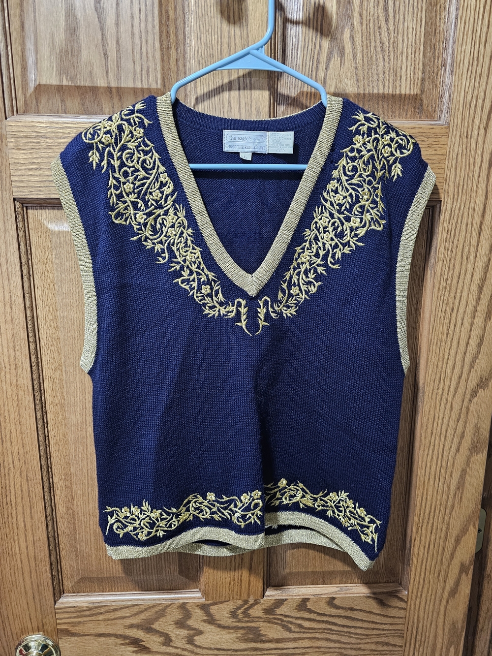 Navy V-Neck Sweater Vest with Gold Embroidered Trim